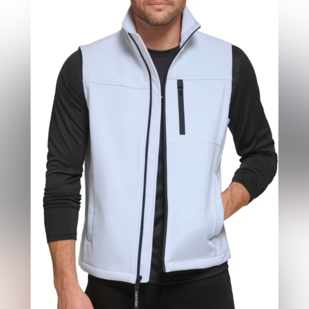 Calvin Klein Men's Size Small White Mock Turtleneck Zip Up Vest With Pockets